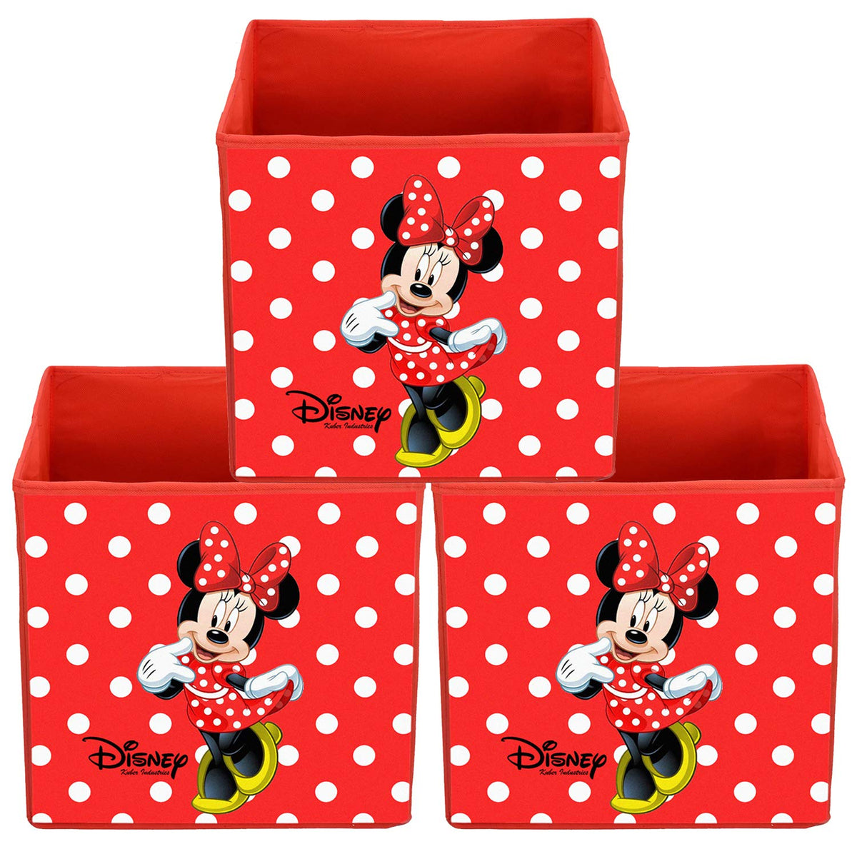 Kuber Industries Disney Minnie Print Non Woven Fabric 3 Pieces Foldable Large Size Cloth Storage Box Toy,Books Wardrobe Organiser Cube with Handle (Red)