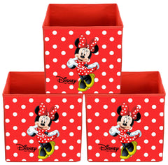 Kuber Industries Disney Minnie Print Non Woven Fabric 3 Pieces Foldable Large Size Cloth Storage Box Toy,Books Wardrobe Organiser Cube with Handle (Red)