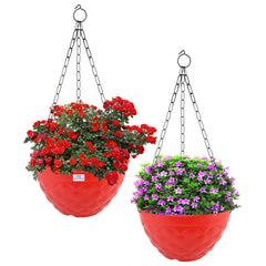 Heart Home Diamond Flower Pot|Durable Plastic Hanging Basket Flower Planter with Chain for Home|Garden|Balcony|Pack of 2 (Red)