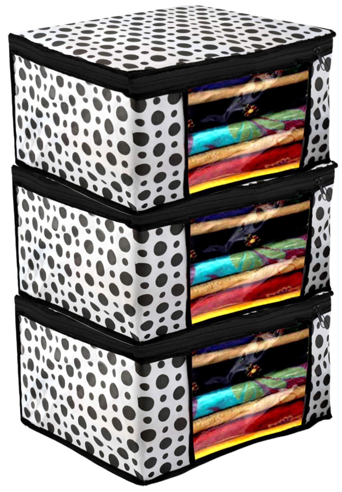 Kuber Industries Polka Dots Design Non Woven Fabric Saree Cover/ Clothes Organizer|Wardrobe Set with Transparent Window|Size Extra Large, Pack of 3 (Black & White) - CTKTC038094