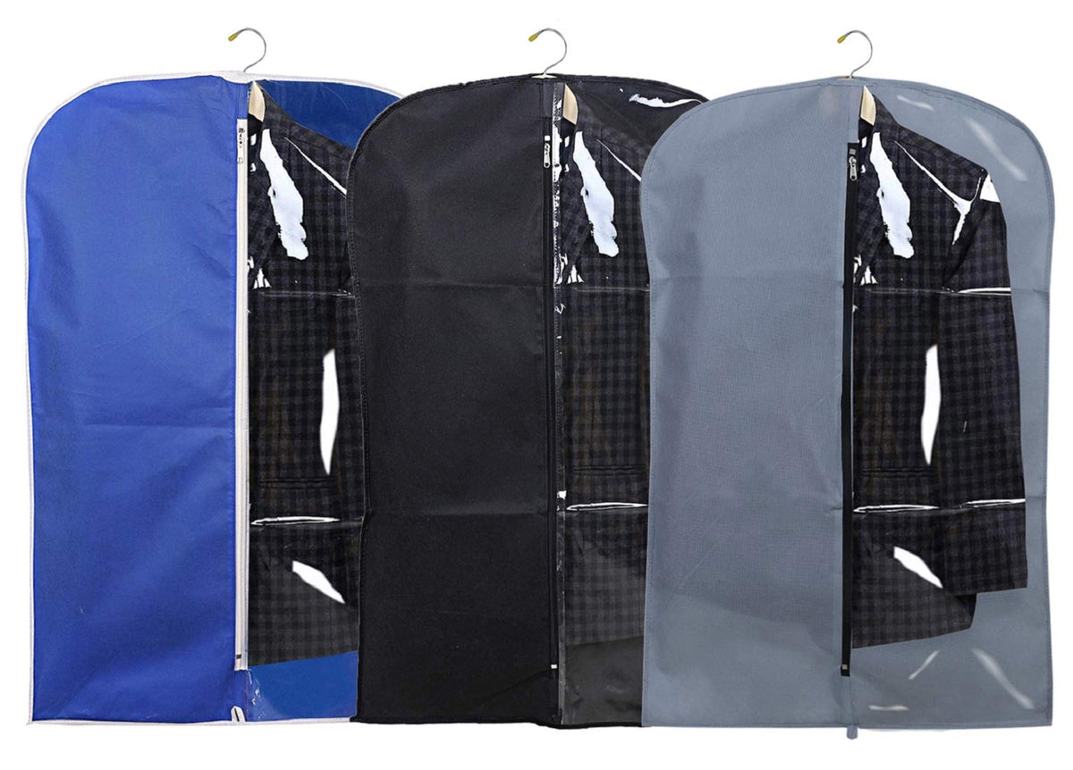 Kuber Industries 3 Pieces Half Transparent Non Woven Men's Coat Blazer Suit Cover (Grey & Black & Royal Blue) -CTKTC041501