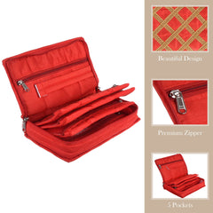 Heart Home Jewellery Organizer | Polyester Gota Lace Check Design Vanity Organizer | 4 Transparent Pouch & 1 Compartment Cosmatic Kit | Red