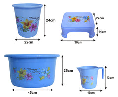 Kuber Industries Printed 4 Pieces Unbreakable Virgin Plastic Multipurpose Mug, Stool, Dustbin & Tub Set (Blue)