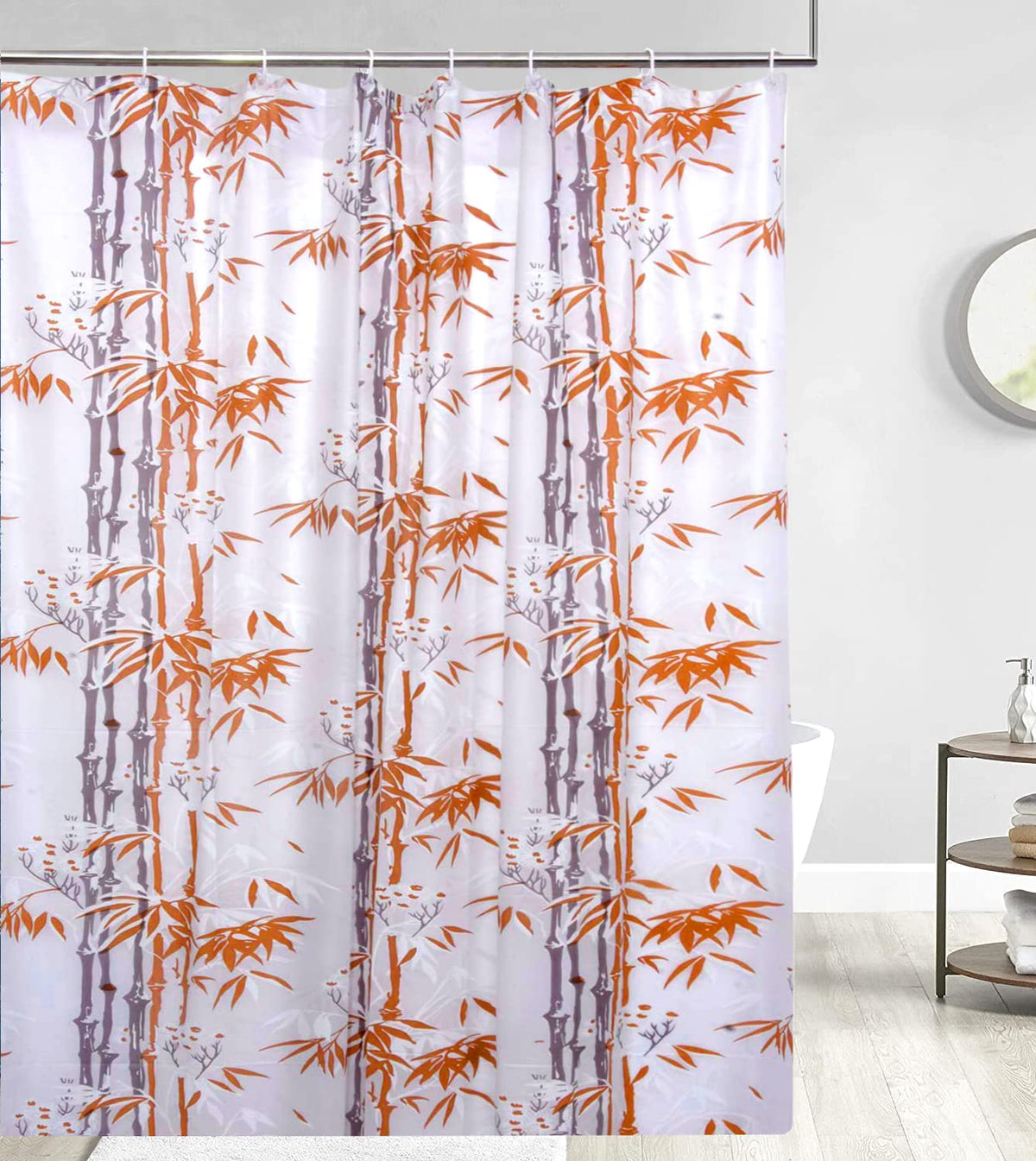 Heart Home Bamboo Printed Stain Resistant, No Odor, Waterproof PVC AC/Shower Curtain with Hooks,7 Feet (Orange)