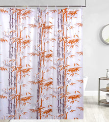 Heart Home Bamboo Printed Stain Resistant, No Odor, Waterproof PVC AC/Shower Curtain with Hooks,7 Feet- Pack of 2 (Orange)