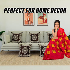 Kuber Industries Cushion Cover | Sofa Cushion Covers | Embossed Square Cushion Covers | Jute Cushion Covers | Flower Print Couch Cushion Covers | Set of 5 | 16 Inch | Brown