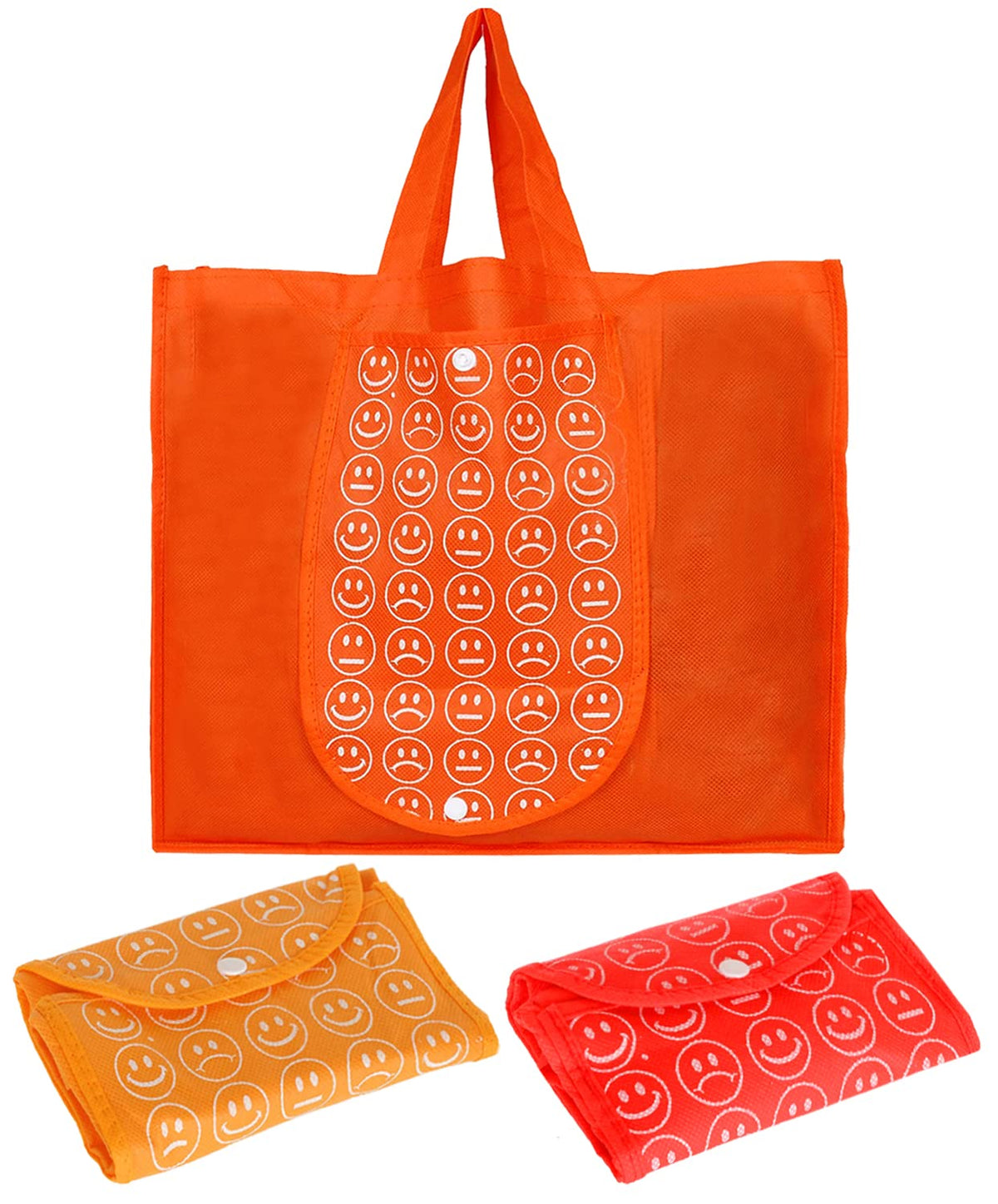 Heart Home Smiley Printed Eco Friendly Foldable Reusable Non-Woven Shopping Grocery Bag with One Small Pocket- Pack of 3 (Orange & Red & Deep Yellow) -45LUGHH0222