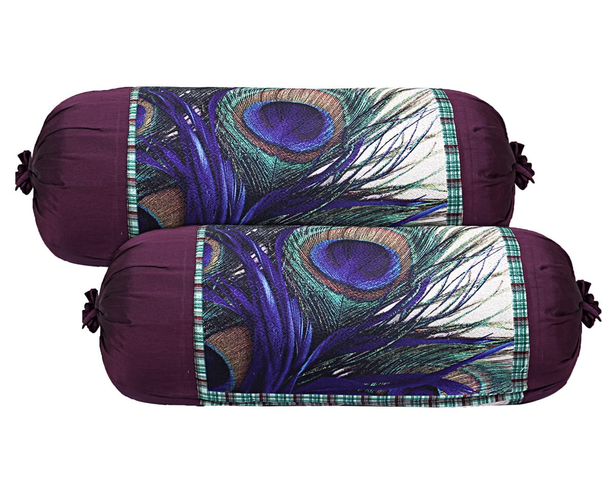 Kuber Industries Bolster Cover|Polyester Bolster Cover Set|Diwan Round Bolster Pillow Covers|Luxurious Peacock Feather Print Roll Masand Cover|Pack of 2 (Cream)