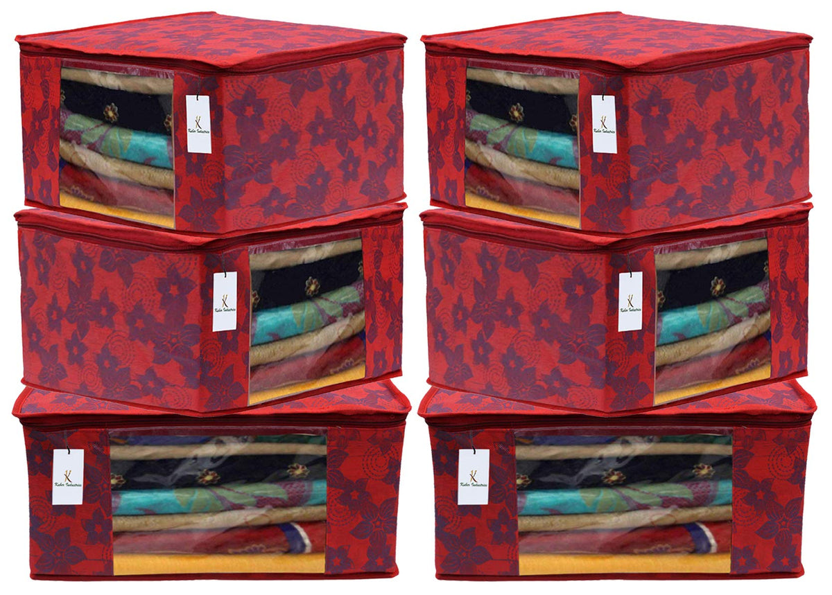 Kuber Industries Metalic Printed 6 Pieces Non Woven Fabric Saree Cover/Clothes Organiser for Wardrobe Set with Transparent Window, Extra Large (Red)-KUBMART2787