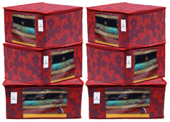 Kuber Industries Metalic Printed 6 Pieces Non Woven Fabric Saree Cover/Clothes Organiser for Wardrobe Set with Transparent Window, Extra Large (Red)-KUBMART2787