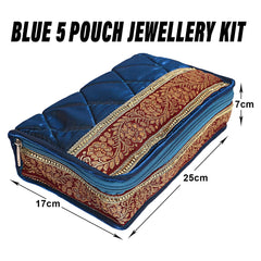 Kuber Industries Jewellery Kit | Cotton Blue Lace Jewellery Storage Kit | 5 Pouch Travel Kit for woman | Cosmetic Kit for Necklace | Rings | Bracelet | Blue