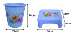 Kuber Industries Printed 2 Pieces Plastic Bathroom Dustbin & Stool Set (Blue)