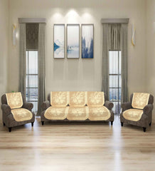 Heart Home Flower Printed 5 Seater Cotton Sofa Cover Set (Cream)-44HH0525