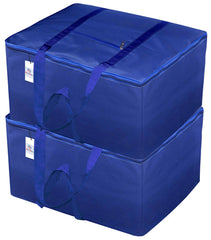 Heart Home Small Size Lightweight Foldable Rexine Jumbo Underbed Storage Bag With Zipper And Handle (Royal Blue)-Pack of 2