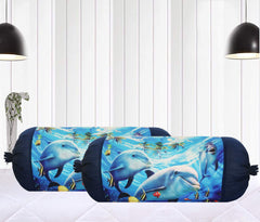 Heart Home Bolster Cover|Polyester Bolster Cover Set|Diwan Round Bolster Pillow Covers|Luxurious Ocean Print Roll Masand Cover|Pack of 2 (Blue)