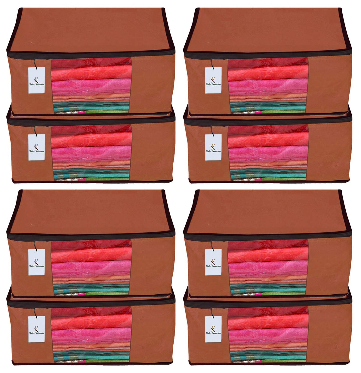 Kuber Industries 8 Piece Non Woven Fabric Saree Cover Set with Transparent Window, Extra Large, Dark Brown-CTKTC23771