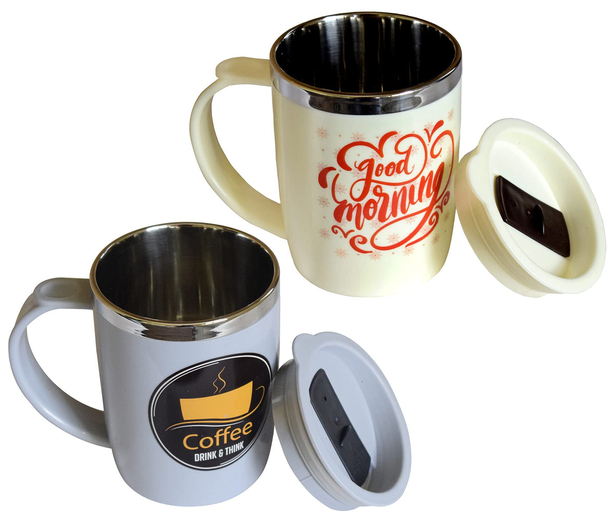 Kuber Industries Double Wall Vacuum Insulated Food Grade BPA Free Plastic Coffee Mug with Lid, Pack of 2 (Grey & Cream)