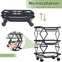 Kuber Industries 3-Layer Collapsible Kitchen Rack|Multipurpose Storage Basket|360-Degree Rotable Kitchen Trolley|Fruit Basket Pack of 6 (Black)