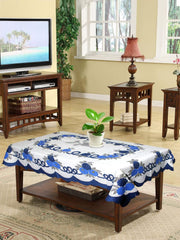 Heart Home Flower Printed Cotton 4 Seater Center Table Cover,40"x60" (White & Blue)-44HH045