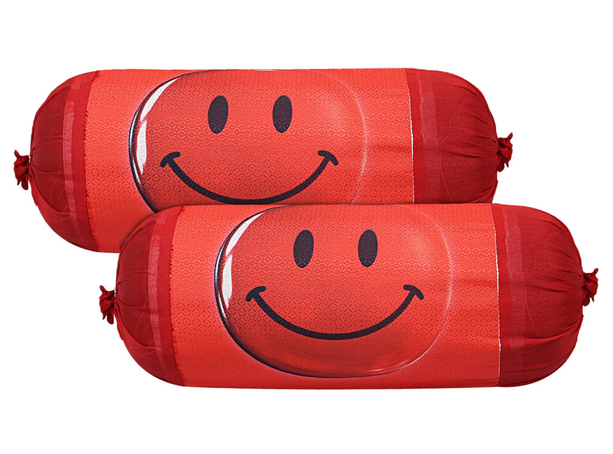 Kuber Industries Bolster Cover|Polyester Bolster Cover Set|Diwan Round Bolster Pillow Covers|Luxurious Smile Ball Print Roll Masand Cover|Pack of 2 (Red)