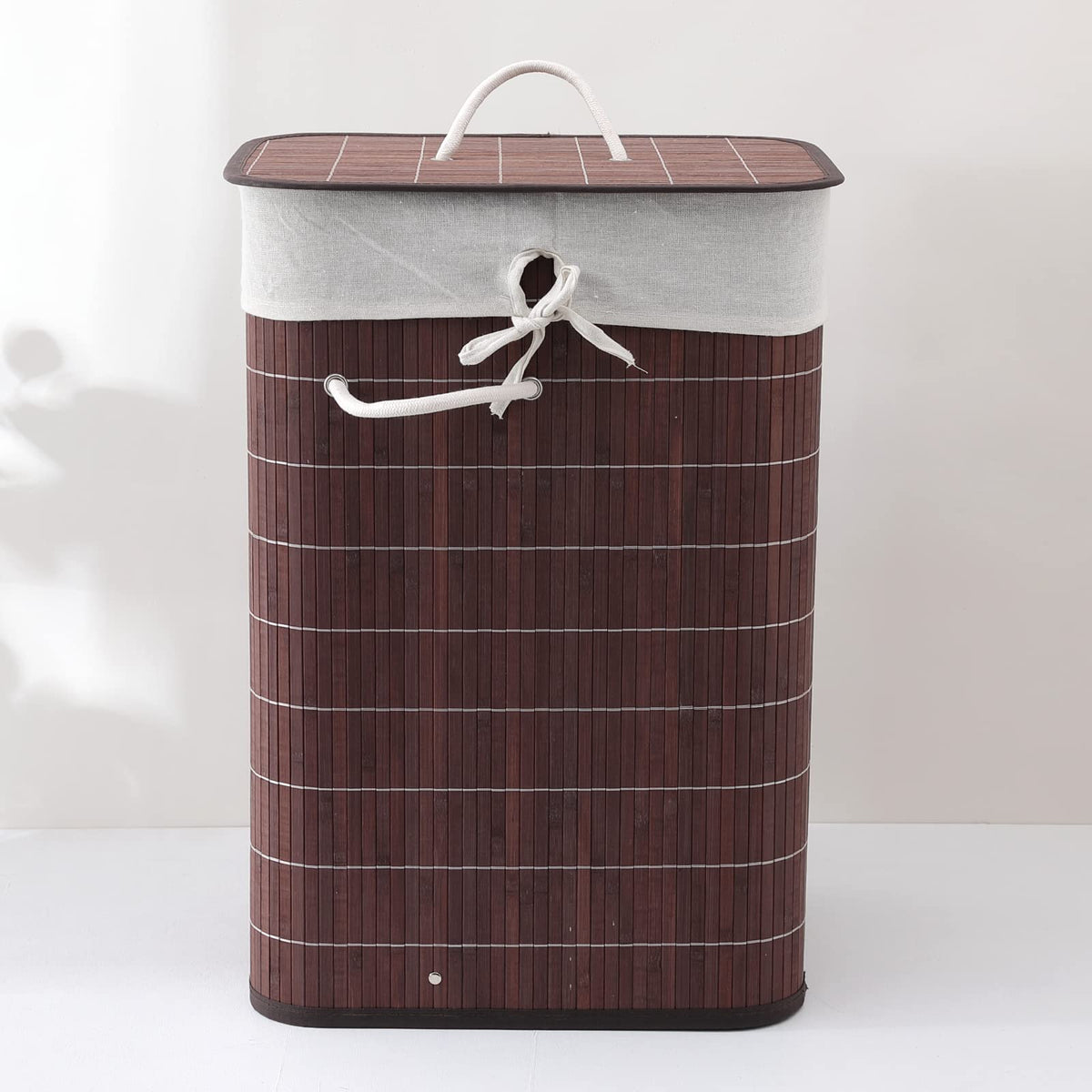 Kuber Industries Bamboo Basket With Lid|Foldable Laundry Basket For Clothes|Durable Rope Handles & Removable Bag|Dark Brown|