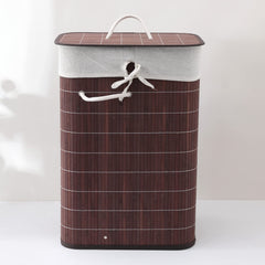 Kuber Industries Bamboo Basket With Lid|Foldable Laundry Basket For Clothes|Durable Rope Handles & Removable Bag|Dark Brown|