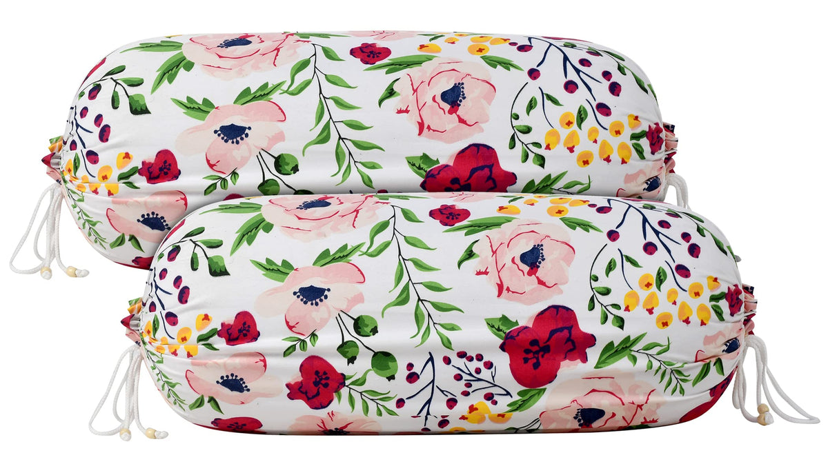 Heart Home Flower Printed Cotton Bolster Cover- Set of 2, 16"x32" (White & Pink)-44HH0129