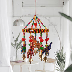 Heart Home Rajasthani Traditional Windchimes|Hanging Ring Elephant with Bells|Polyester Handcrafted Latkan|Decorative Door Hanging Latkan (Multicolor)