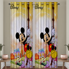 Kuber Industries Disney Mickey Print 2 Pieces Polyester Special Blackout Long Crush Eyelet Door Curtain 7 Feet (Yellow)-KUBMART04