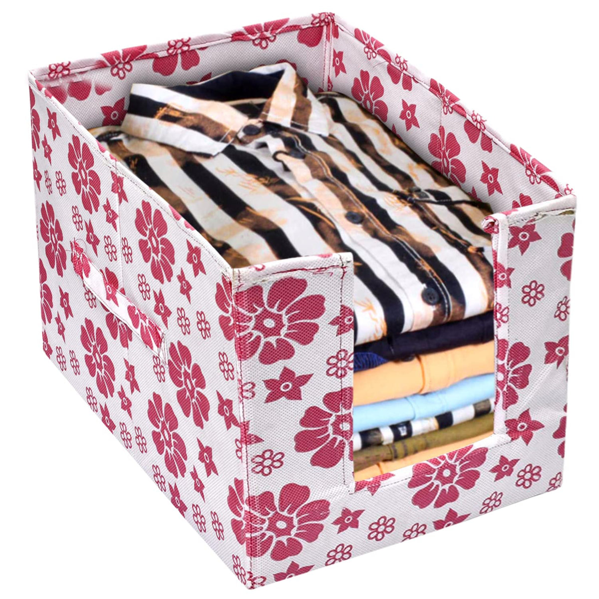Heart Home Flower Printed Non-Woven Foldable Shirt Stacker Closet Organizer With Handles (White & Pink)-HS43HEARTH26506