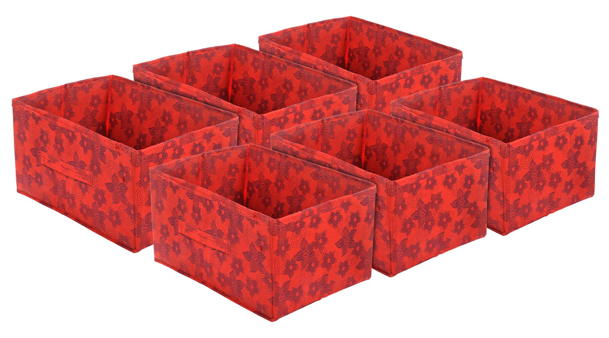 Heart Home Metallic Flower Printed Multipurposes Rectangular Flodable Storage Box, Drawer Storage and Cloth Organizer- Pack of 6 (Red)-HS43HEARTH26339
