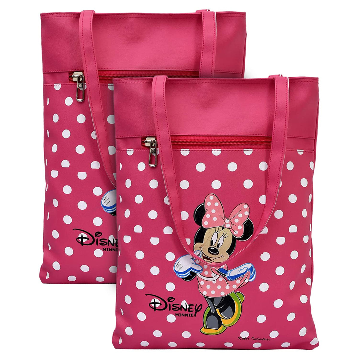 Kuber Industries Polyester Dot Disney Minnie Print Attractive & Foldable Grocery|Shopping|Travel Hand Bag with Front Pocket & Handle, Pack of 2 (Pink)