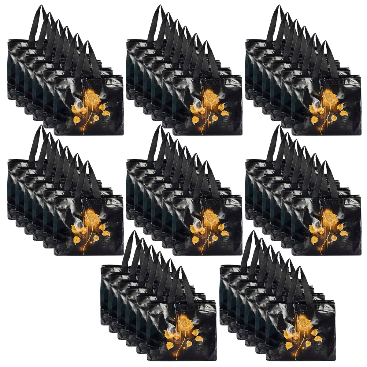 Heart Home Rose Printed Laminated Non Woven Party Favor Gift Bag, Tote Bag, Carry Bags with Handles- Pack of 48 (Black)-50HH01142