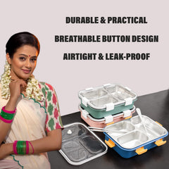 Kuber Industries Lunch Box | Stainless Steel 3 Compartments Lunch Box | Students Lunch Box | Office Lunch Box | Chopstick & Spoon | Leak-Proof Lunch Box | SUS304 | Pink