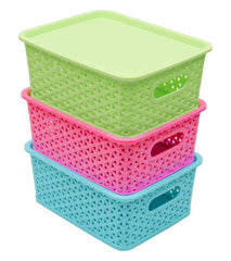 Heart Home Plastic 3 Pieces Medium Size Multipurpose Solitaire Storage Basket with Lid (Multi) - CTHH021583