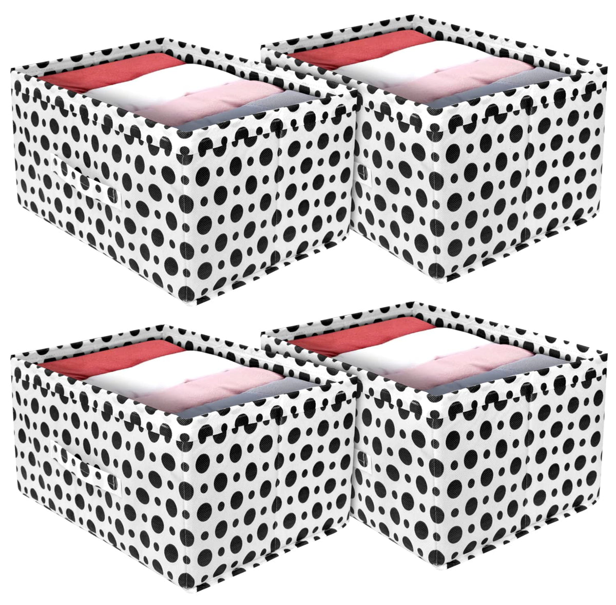 Heart Home Dot Printed Printed Non-Woven Rectangular Flodable Cloth Storage Box/Drawer- Pack of 4 (Black & White)-HS43HEARTH26346