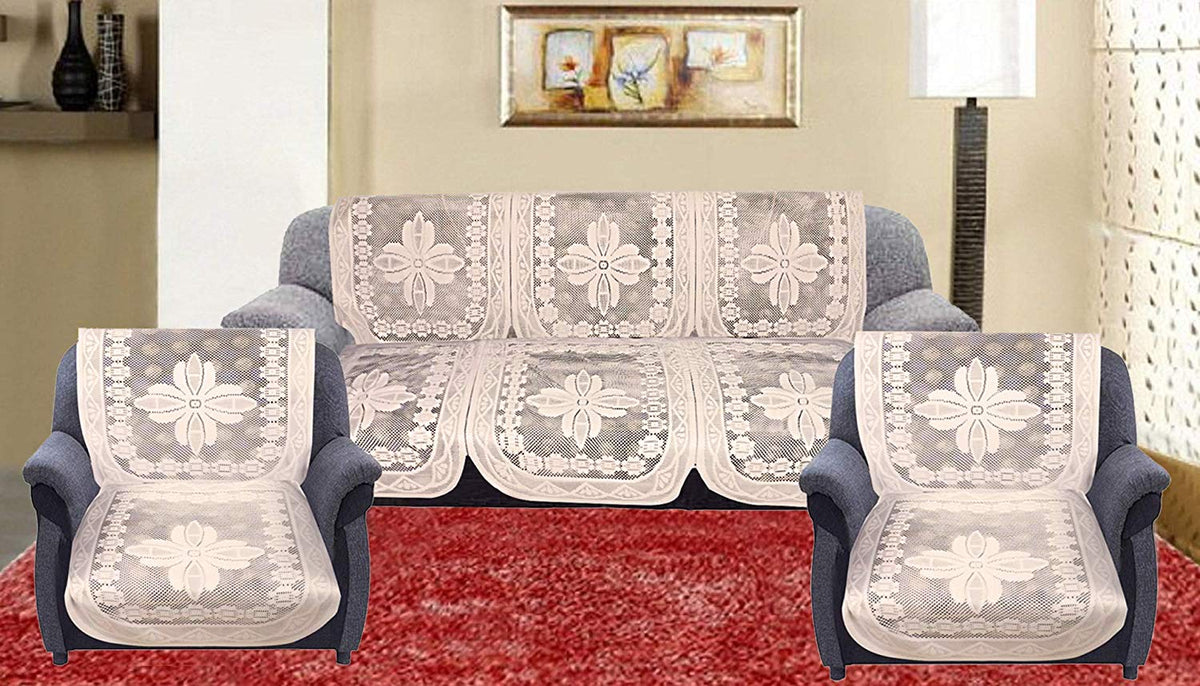 Kuber Industries Floral Design Croshia Cotton 6 Pieces 5 Seater Sofa Cover Set (Cream, Standard) - CTKTC040606
