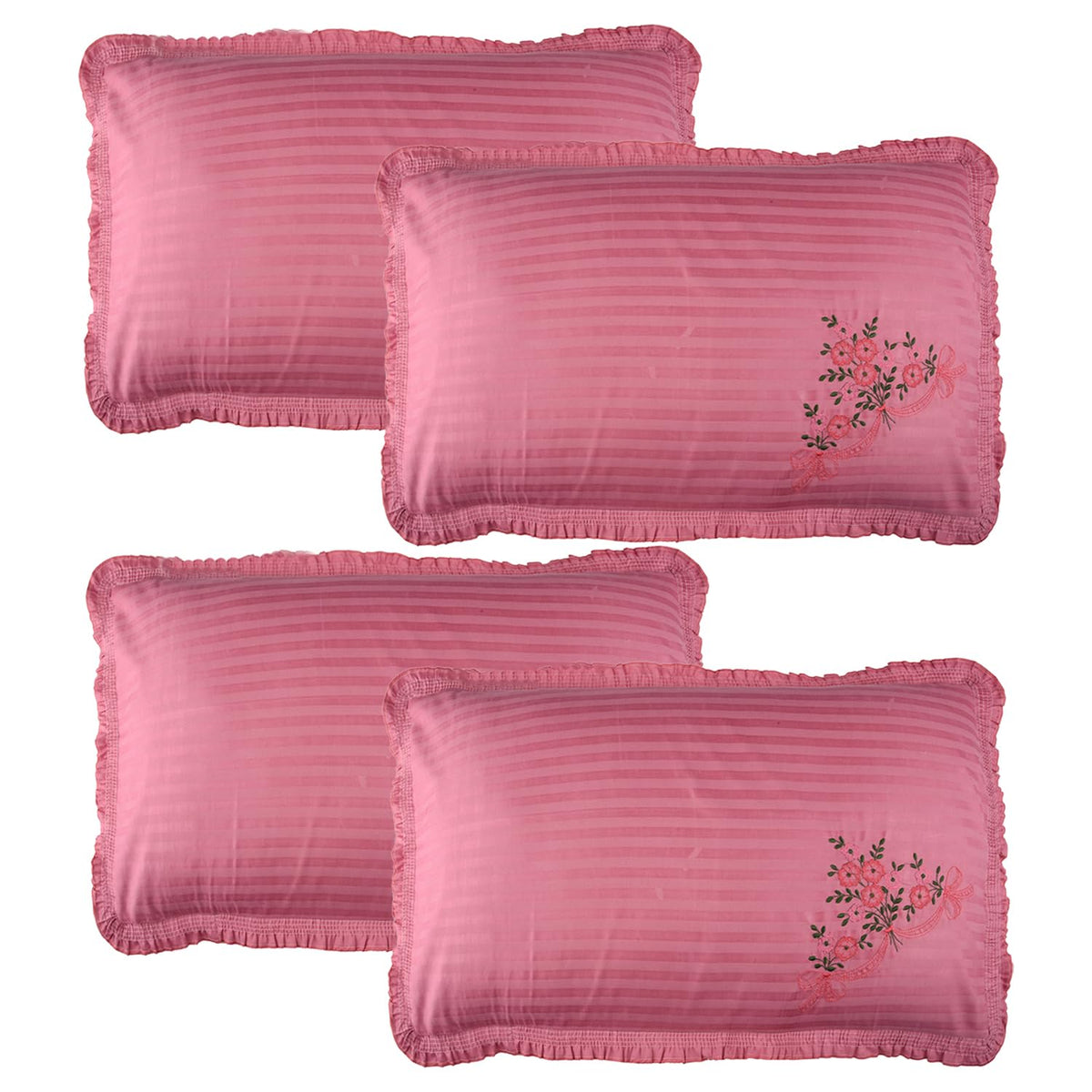 Heart Home Pillow Cover | Cotton Pillow Cover Set | Cushion Pillow Cover Set | Pillow Cover Set for Bedroom | Lining Embroidery Pillow Cover Set | 4 Piece Set | Dark Pink