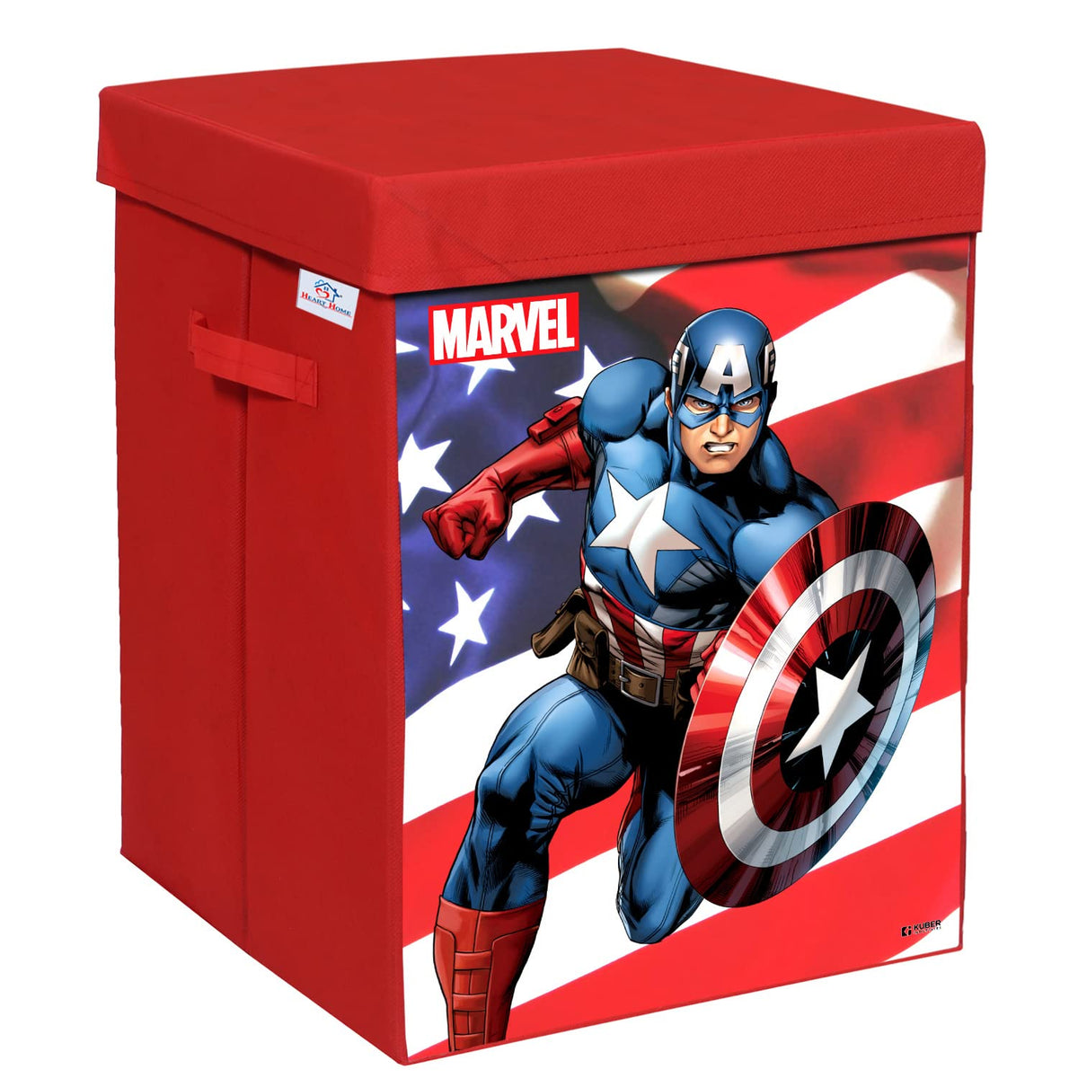 Heart Home Marvel Captain America Print Foldable Laundry Basket|Clothes Storage Basket With Handle & Lid,60 Ltr.(Red)