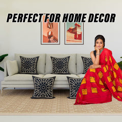 Kuber Industries Cushion Cover | Sofa Cushion Covers | Embossed Square Cushion Covers | Jute Cushion Covers | Flower Print Couch Cushion Covers | Set of 5 | 16 Inch | Blue