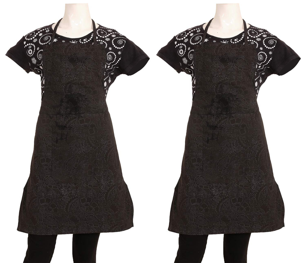 Kuber Industries Floral Cotton 2 Piece Kitchen Apron with Front Pocket Set - Black