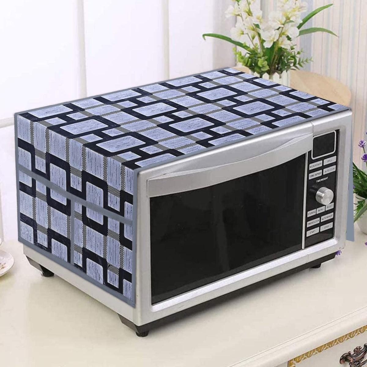 Heart Home Check Printed PVC Decorative Microwave Oven Top Cover with 4 Utility Pockets (Grey)