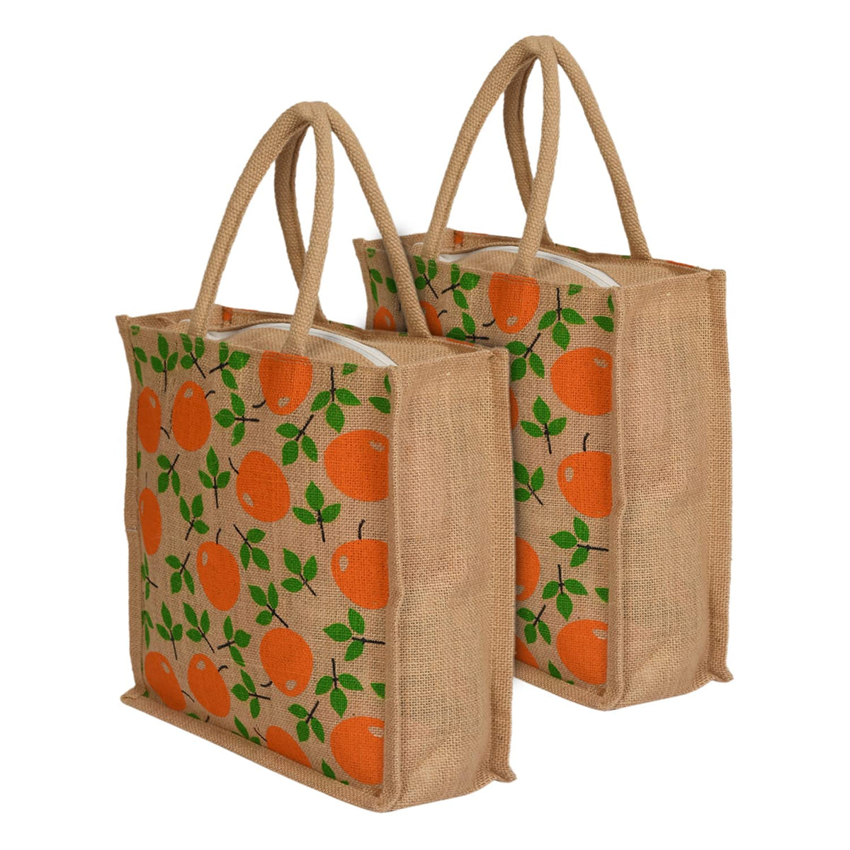 Kuber Industries Fruits Print Jute Reusable Eco-Friendly Hand Bag/Grocery Bag For Man, Woman With Handle Pack Of 2 (Orange) 54KM4363