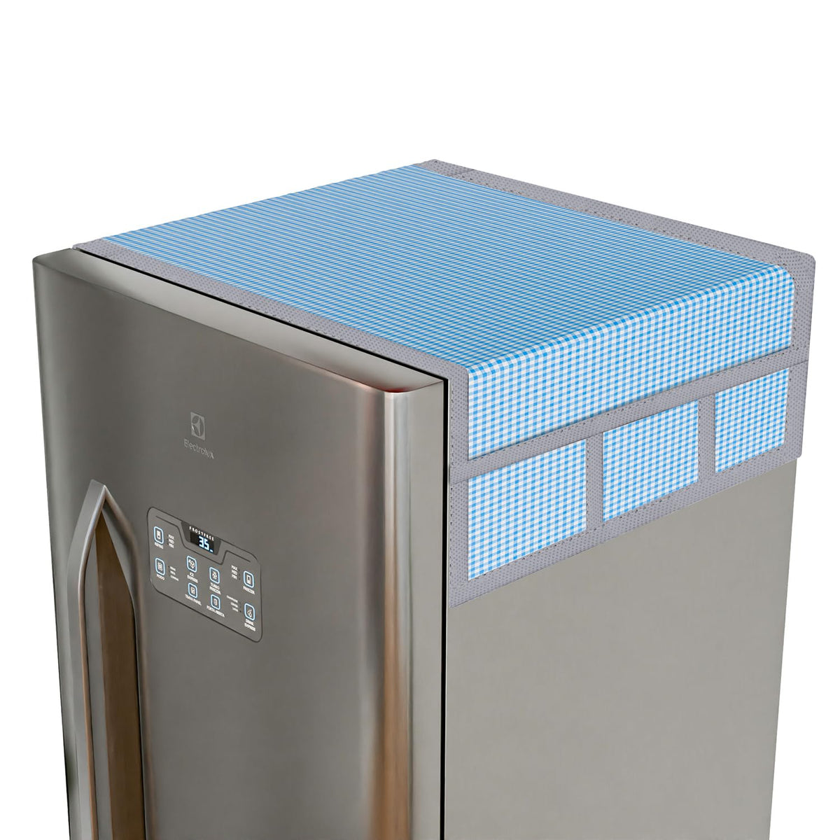 Kuber Industries Fridge Top Cover | Fridge Top Cover with Pockets | Refrigerator Top Cover for Kitchen | Fridge Top Cover with 6 Utility Pockets | Barik Check Fridge Cover | Blue
