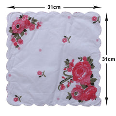 Kuber Industries Handkerchiefs|Multicolor Rose Print Cutwork Soft Cotton Hankies for Woman,Girls & Wicking Sweat from Hands,Face,Set of 12 (White)
