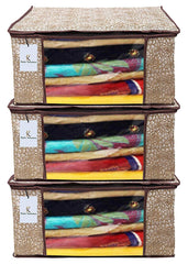 Heart Home Flower Design 3 Piece Non Woven Saree Cover, Large, Golden Brown - CTHH11979,Standard