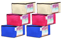 Kuber Industries 6 Piece Non Woven Fabric Saree Cover Set with Transparent Window, Extra Large, Ivory,Royal Blue,Pink-CTKTC23705