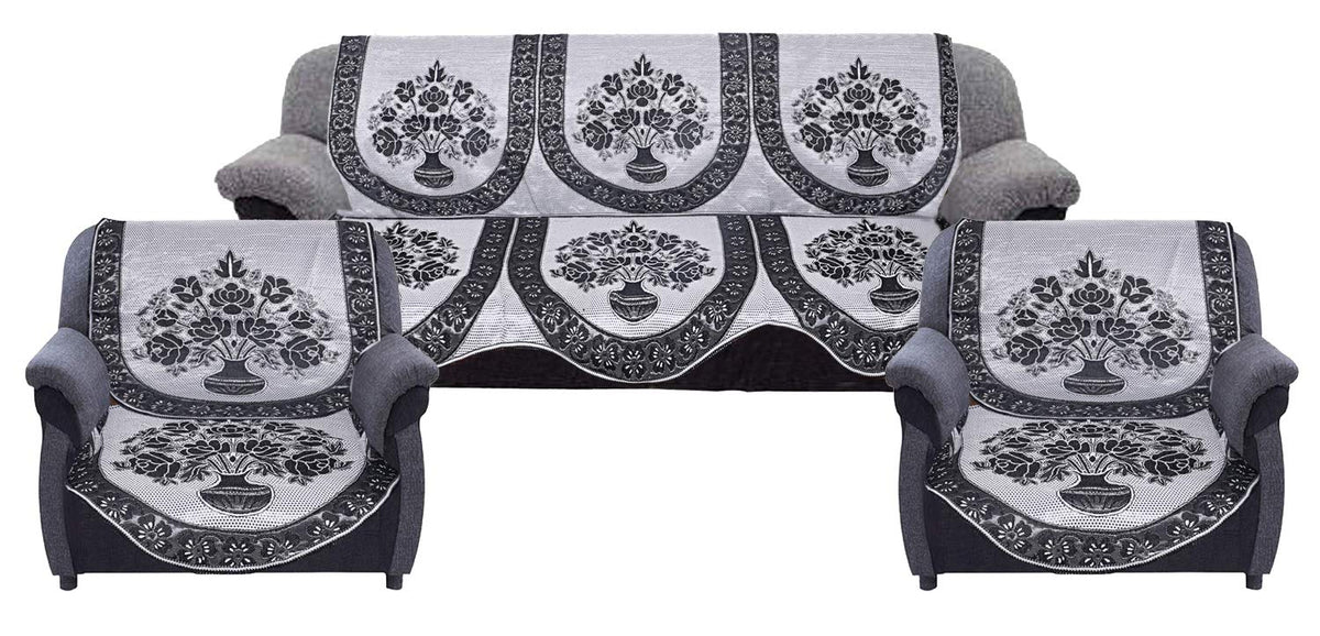 Kuber Industries Flower Pot Design Cotton 6 Pieces 5 Seater Sofa Cover (Grey and Brown)-CTKTC014427