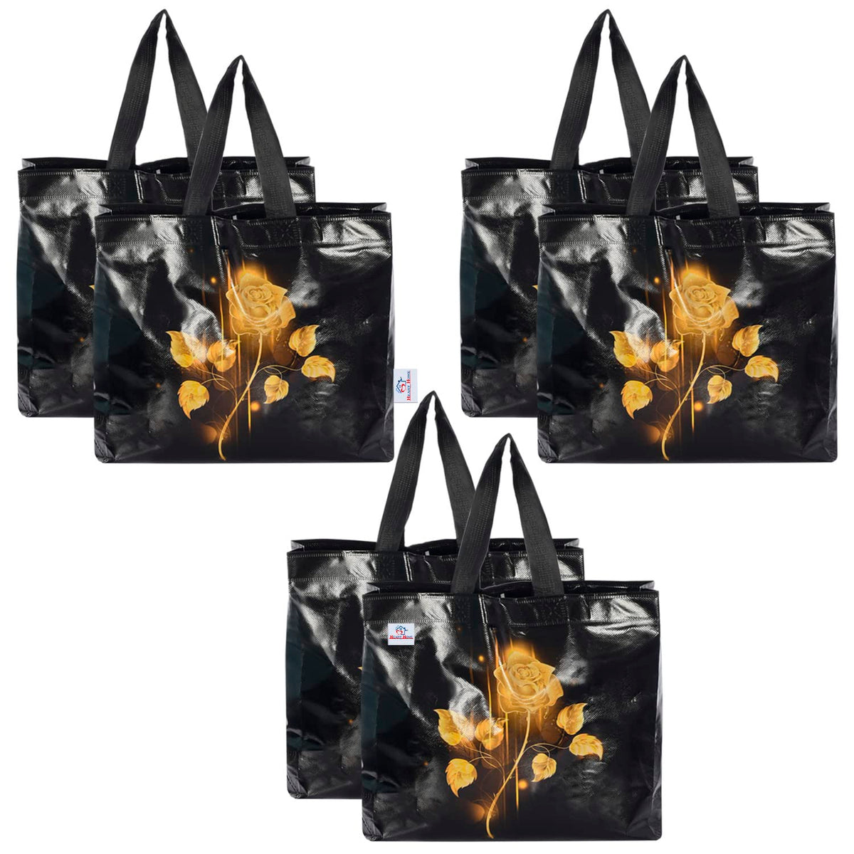 Heart Home Rose Printed Laminated Non Woven Party Favor Gift Bag, Tote Bag, Carry Bags with Handles- Pack of 6 (Black)-50HH01130