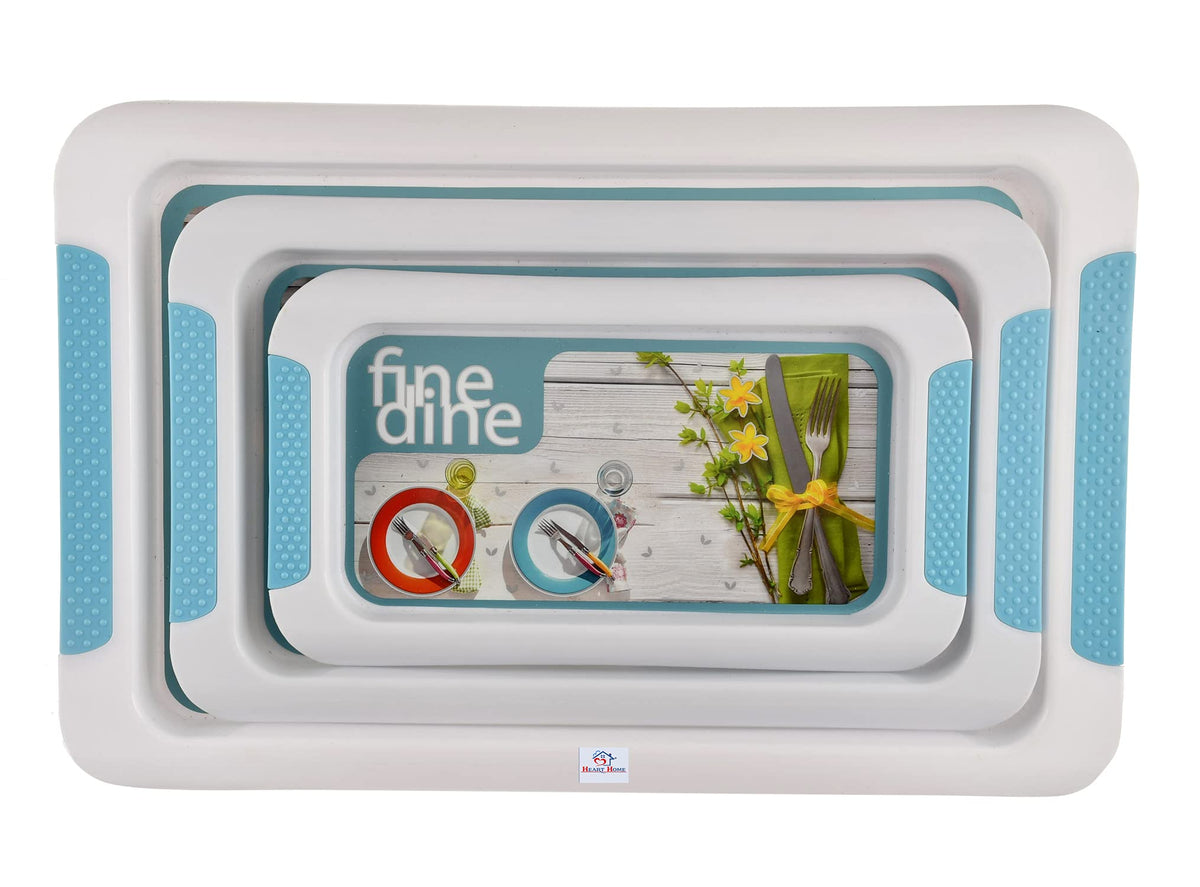Heart Home Strawberry Printed Multi-Purpose Rectangular Non Slip Plastic Serving Tray, Set of 3 (Blue), Standard